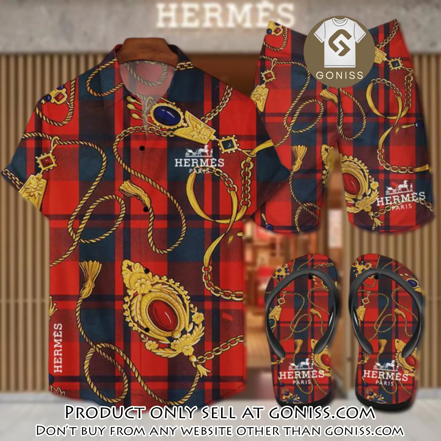 Hermes flip flops and combo hawaii shirt shorts luxury brand summer outfit hsf081 gn0554249